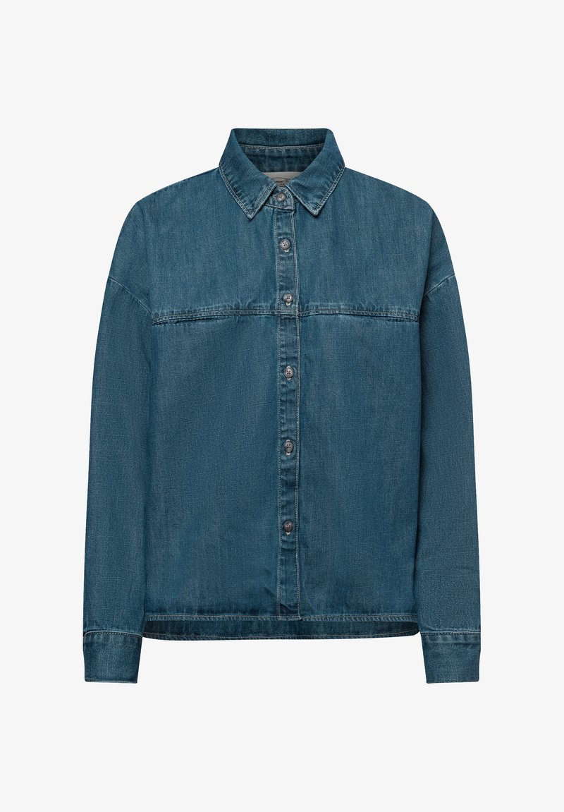 Denim jaka vidējā zilā krāsā, ar apkakli, priekšējiem pogām un garām piedurknēm. Tekstūrēta auduma nedaudz izbalējusi izskats.