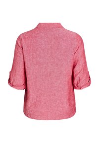 Red, textured, linen-blend shirt with a back collar, button-up placket, and rolled-up sleeves. Relaxed fit and unembellished design.