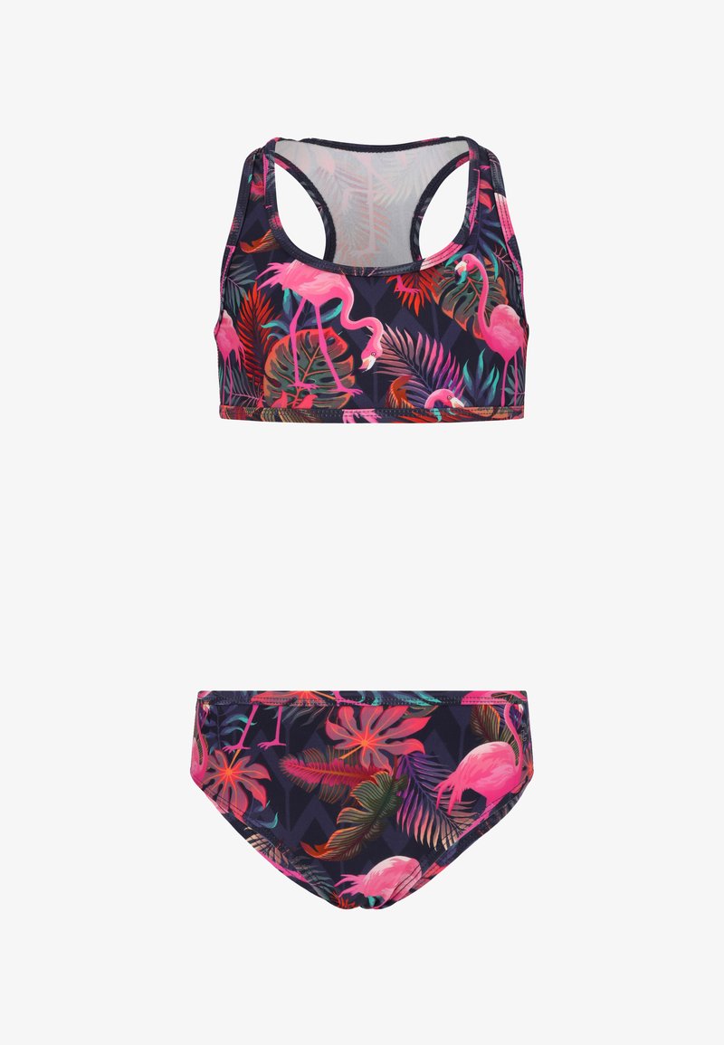 Maillot deux-pièces avec un fond sombre orné de motifs de flamants roses vibrants et de feuilles tropicales. Le haut présente un design sportif avec un dos nageur.