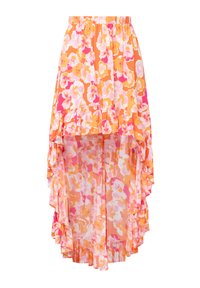Hoge-lage bloemenrok met een elastische tailleband. Verfügt over oranje en roze tinten, een gerimpelde zoom en een lichtgewicht, sheer stof.