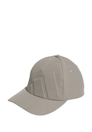 Casquette de baseball grise avec un design texturé en relief et une visière courbée. Fabriquée à partir d'un tissu résistant, elle présente un bouton en haut et des détails de couture.