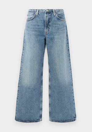 Light blue denim wide-leg jeans with a high waist, traditional five-pocket design, visible stitching, and a raw hem finish.