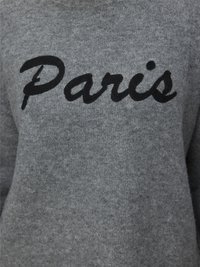 Halli kampsun, millel esiküljel must kursiivkirjas sõna "Paris", valmistatud pehmest tekstuuriga kangast, ümmarguse kaelusega.