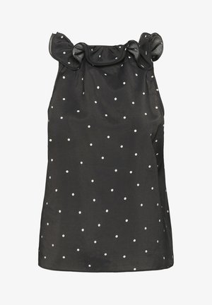 Čierny bezrukávový top s volánovým výstrihom a bielymi bodkami, vyrobený z hladkej látky. Rovný strih s voľným strihom.