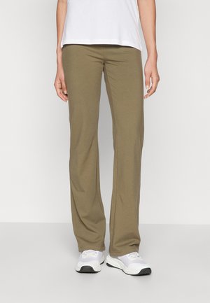 Olijfgroene, lichtgewicht, rechttoe rechtaan broek gemaakt van zachte, rekbare stof. Heeft een gladde textuur en een elastische tailleband.