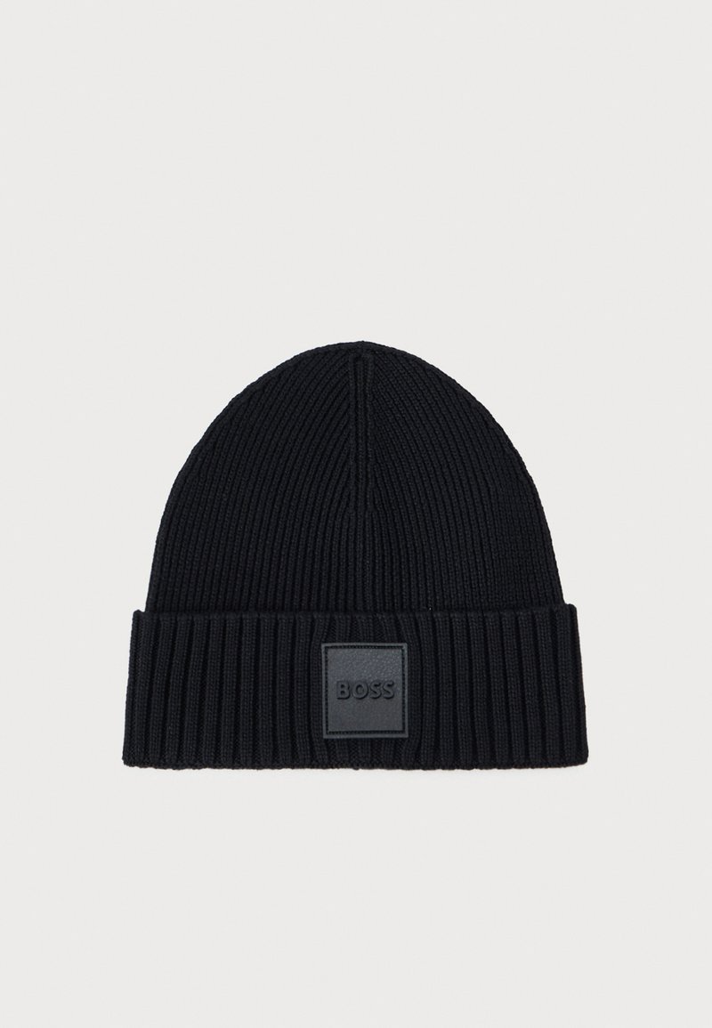Black ribbed knit beanie with a folded cuff and a square patch featuring the brand name "BOSS" in embossed lettering.