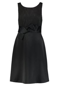 Czarna sukienka z koronkowym topem, okrągłym dekoltem i satynową spódnicą. Posiada ozdobną kokardę w talii i gładką fakturę.