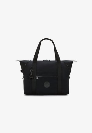 Borsa tote in tessuto nero con due manici superiori, cerniere, tasca anteriore e un accessorio per chiavi. Presenta un logo circolare sul davanti.
