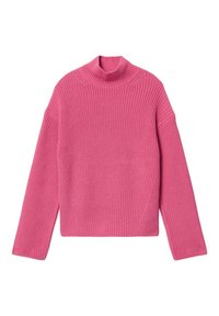 Pull en tricot rose avec un col haut, des manches surdimensionnées et un motif texturé. Comprend un ourlet légèrement raccourci et des accents côtelés.