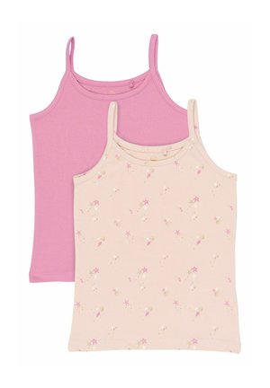 Two sleeveless girls' tank tops, one solid pink and one cream with small pink star and seashell patterns.
