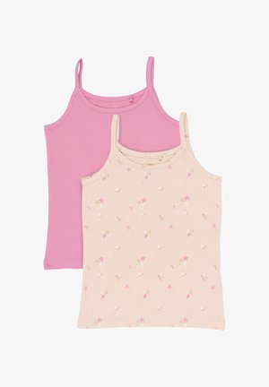 Dwa bezrękawniki dziewczęce, jeden różowy gładki, drugi kremowy z małymi różowymi gwiazdkami i wzorami muszelek.