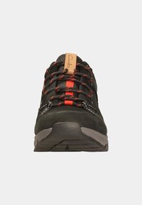 Black suede and mesh athletic shoes with orange accents and reflective details. Features black laces, a rubber sole, and a tan brand tag.