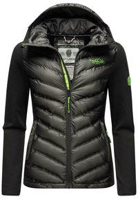 Black puffer jacket with green accents, featuring a chevron quilted design and black fabric sleeves. Hooded with a front zipper and pockets.
