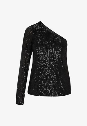 Juodas blizgučių viršus su viena petneša, ilgos rankovės. Ypatybės: tekstūruotas audinys su skirtingu blizgučių išdėstymu, sukuriančiu žėrintį efektą.