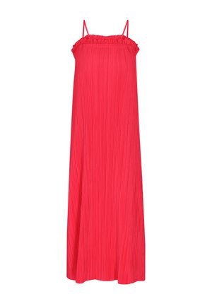 Czerwona sukienka bez rękawów o długości do kolan, z falbaną u górnej krawędzi i pionowymi plisami. Gładka tekstura, minimalistyczny design i regulowane ramiączka.