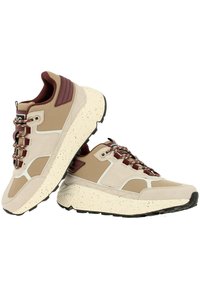 Beige and brown sneakers with a textured upper, speckled cream midsole, and contrasting maroon accents. Features lace-up design and rubber outsole.