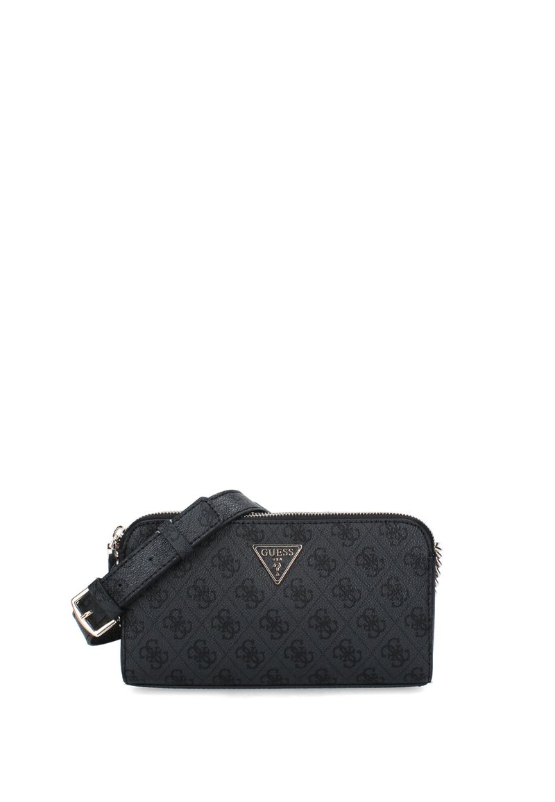 Borsa nera con zip, realizzata in materiale testurizzato, con un badge logo, tracolla regolabile e un motivo goffrato sottile.