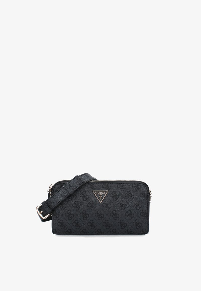 Borsa nera con zip, realizzata in materiale testurizzato, con un badge logo, tracolla regolabile e un motivo goffrato sottile.