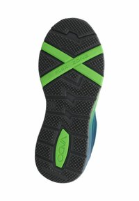 Schuhsohle mit einer strukturierten schwarzen Gummioberfläche, ausgestattet mit grünen Akzenten und einem ausgeprägten "FLEX ZONE"-Design für Flexibilität und Grip.