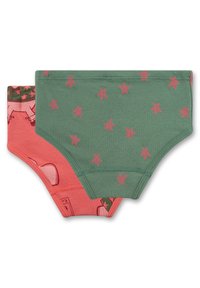 Zwei Paare aus Baumwollslips: ein grünes Paar mit pinken Sternen, ein korallfarbenes Paar mit Schweineillustrationen und pinken Akzenten; elastischer Bund.