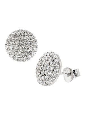 Ohrringe aus Sterlingsilber in Steckerform mit runden Designs, bedeckt mit zahlreichen kleinen klaren Edelsteinen, die einen schimmernden Effekt erzeugen.