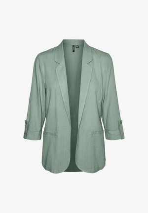 Hele roheline bleiser, mis on valmistatud tekstuuriga kangast, shawl krae, avatud eesmine osa, keeratud varrukad koos nööbiga ja kaks küljetaskut.