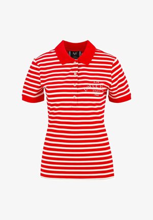 Rood en wit gestreepte polo met kraag, voorzien van een knoopsluiting en geborduurde tekst. Gemaakt van een gladde stof.