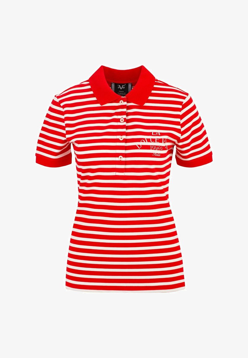 Rood en wit gestreepte polo met kraag, voorzien van een knoopsluiting en geborduurde tekst. Gemaakt van een gladde stof.