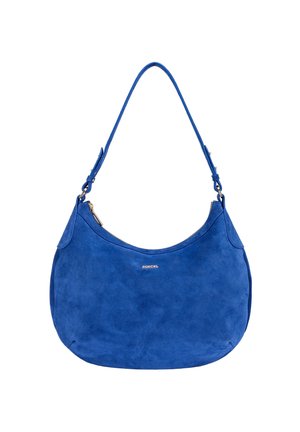 Blue suede shoulder bag with curved top, adjustable strap, gold zipper, and small "ROECKL" logo centered on front.