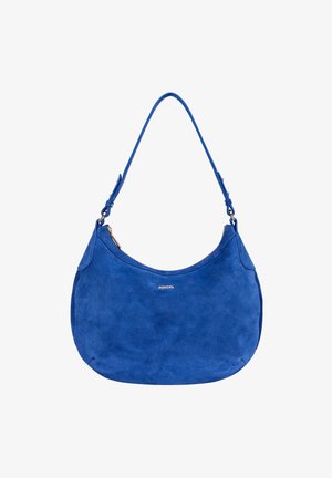 Blaues Wildleder-Umhängetasche mit abgerundetem oberen Teil, verstellbarem Tragegurt, goldenem Reißverschluss und kleinem "ROECKL"-Logo, das zentral auf der Vorderseite platziert ist.