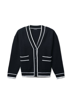 Cardigan noir avec bordures blanches, présentant un col en V, cinq boutons et deux poches avant. Texture douce et design simple et classique.