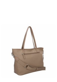 Beige leren tote bag met dubbele handvatten, verstelbare schouderriem, een voorvak met rits en een gladde textuur. Klassieke rechthoekige vorm.