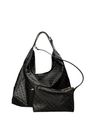 Borsa a tracolla nera con motivo, dotata di un pouchettino zip removibile abbinato, caratterizzata da due manici e dettagli in hardware color oro.