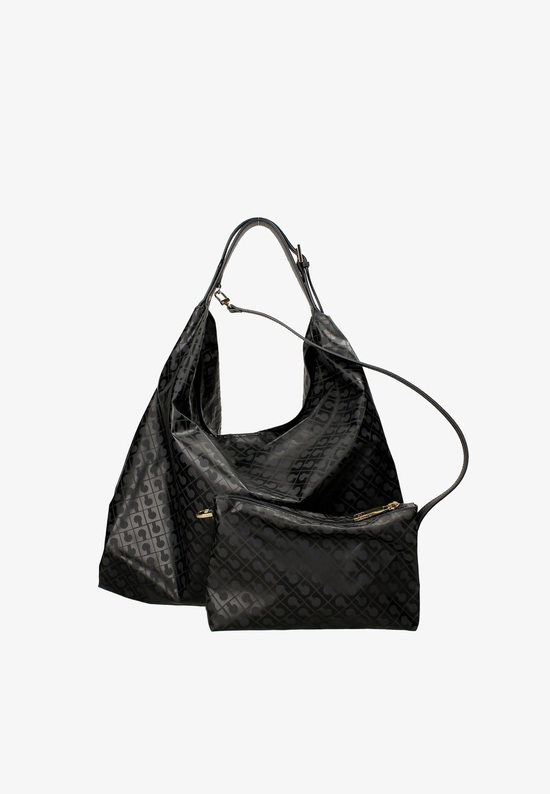 Borsa a tracolla nera con motivo, dotata di un pouchettino zip removibile abbinato, caratterizzata da due manici e dettagli in hardware color oro.