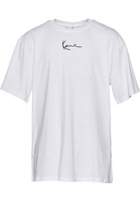 White cotton T-shirt with a crew neck, short sleeves, and a black handwriting-style logo on the chest. Flat texture, relaxed fit.