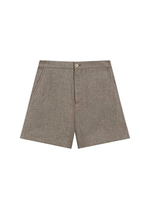 Bruine korte broek van linnenmix met knopen aan de voorkant en schuin geplaatste zijzakken, een getailleerde pasvorm en een lengte tot halverwege de dij.