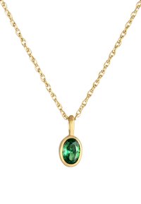 Collana in oro con ciondolo di gemma verde a forma ovale, finitura lucida, con una catena a maglie texturizzate.