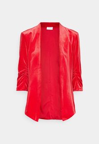 Blazer en velours rouge à ouverture frontale, manches trois quarts froncées et doublure intérieure lisse, présenté sur un fond blanc uni.