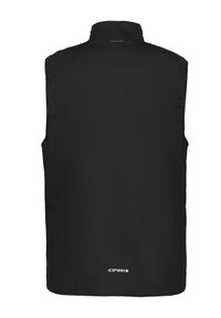 Schwarze ärmellose Weste mit hohem Kragen und „Icepeak“-Logo am oberen Rücken und nahe dem unteren Saum.