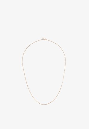 Kultaisen sävyinen metallikaulakoru, jossa on ohut, herkkä ketju pyöreällä lukolla, sileä pinta ja joustava muoto mukavaan käyttöön.