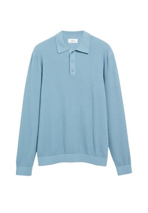 Hellblaues, geripptes Langarm-Poloshirt mit drei Knöpfen und Kragen, dargestellt auf weißem Hintergrund.