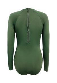 Bodysuit s dlouhým rukávem v olivově zelené barvě, vyrobený z hladkého a pružného materiálu, se zapínáním na zip na zadní straně, s těsným střihem.