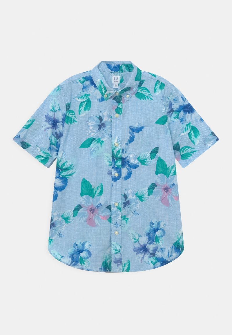 Chemise bleu clair à manches courtes avec imprimé floral vert et bleu et une poche poitrine.