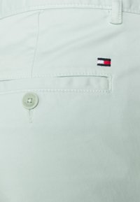 Světle zelené bavlněné šortky s zadní kapsou na knoflík a malým vyšitým logem v červené, bílé a modré barvě.