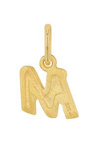 Charm in metallo tono oro a forma della lettera "M" con una finitura testurizzata e un piccolo anello nella parte superiore per il fissaggio. Contrassegnato con "375."