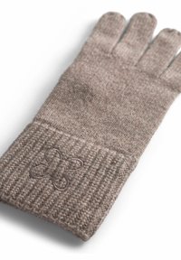 Gant en laine marron tricoté avec un poignet côtelé, présentant un détail de broderie florale sur la zone du poignet. Texture douce et design à cinq doigts.