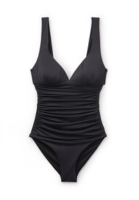 Černé jednodílné plavky s širokými ramínky, na stažených stranách a ve tvaru v, vyrobené z hladké, elastické tkaniny.