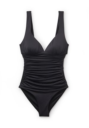 Czarny jednoczęściowy strój kąpielowy z szerokimi ramiączkami, marszczeniem po bokach i dekoltem w kształcie litery V, wykonany z gładkiego, elastycznego materiału.