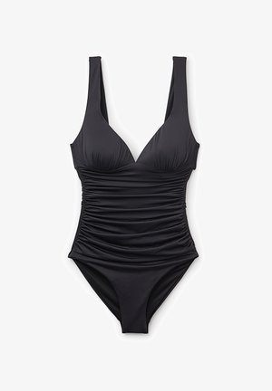 Bañador negro de una pieza con tirantes anchos, lados fruncidos y diseño de escote en V, confeccionado con una tela suave y elástica.