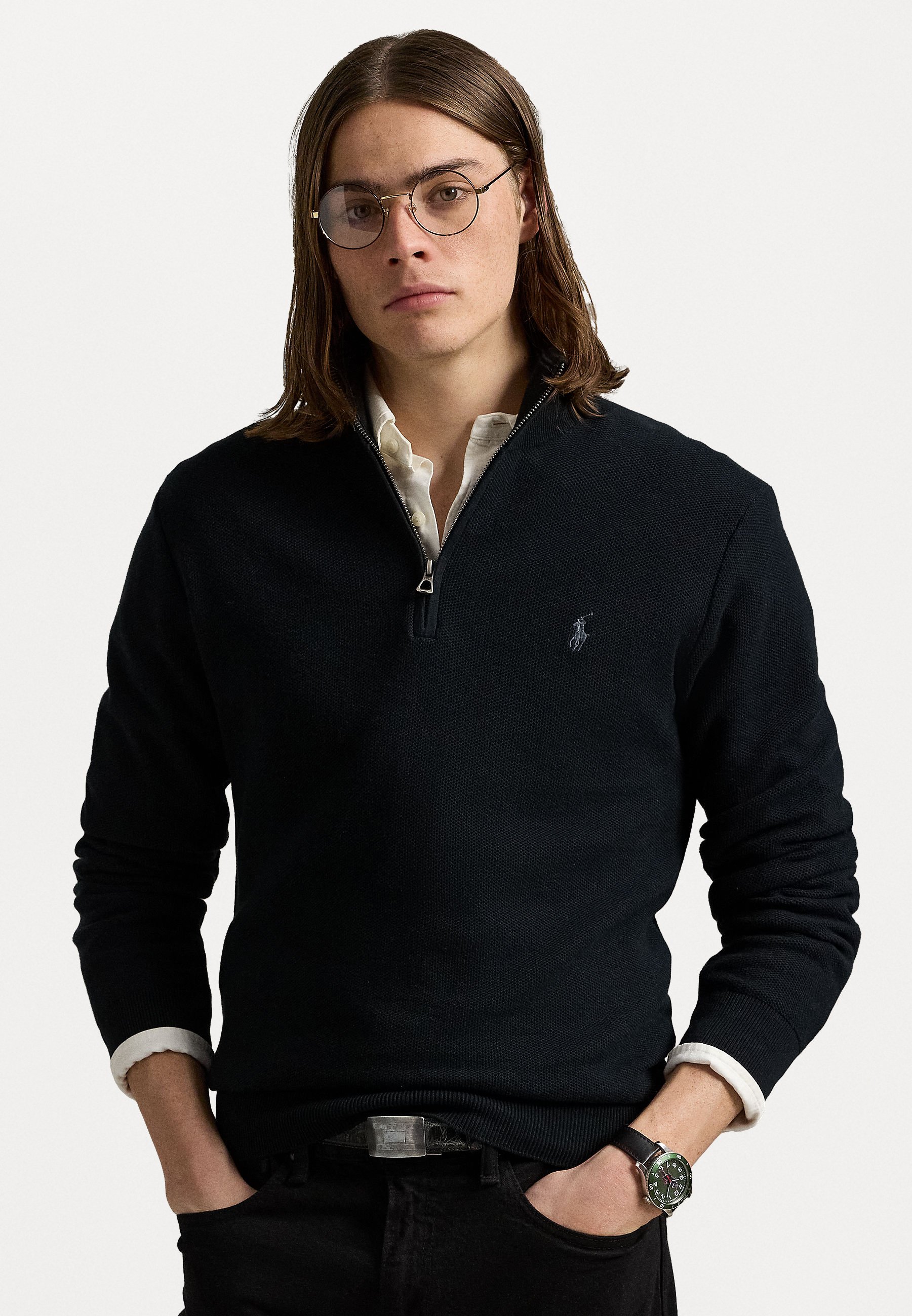 Polo Ralph Lauren MESH KNIT COTTON QUARTER ZIP SWEATER - Jumper - black